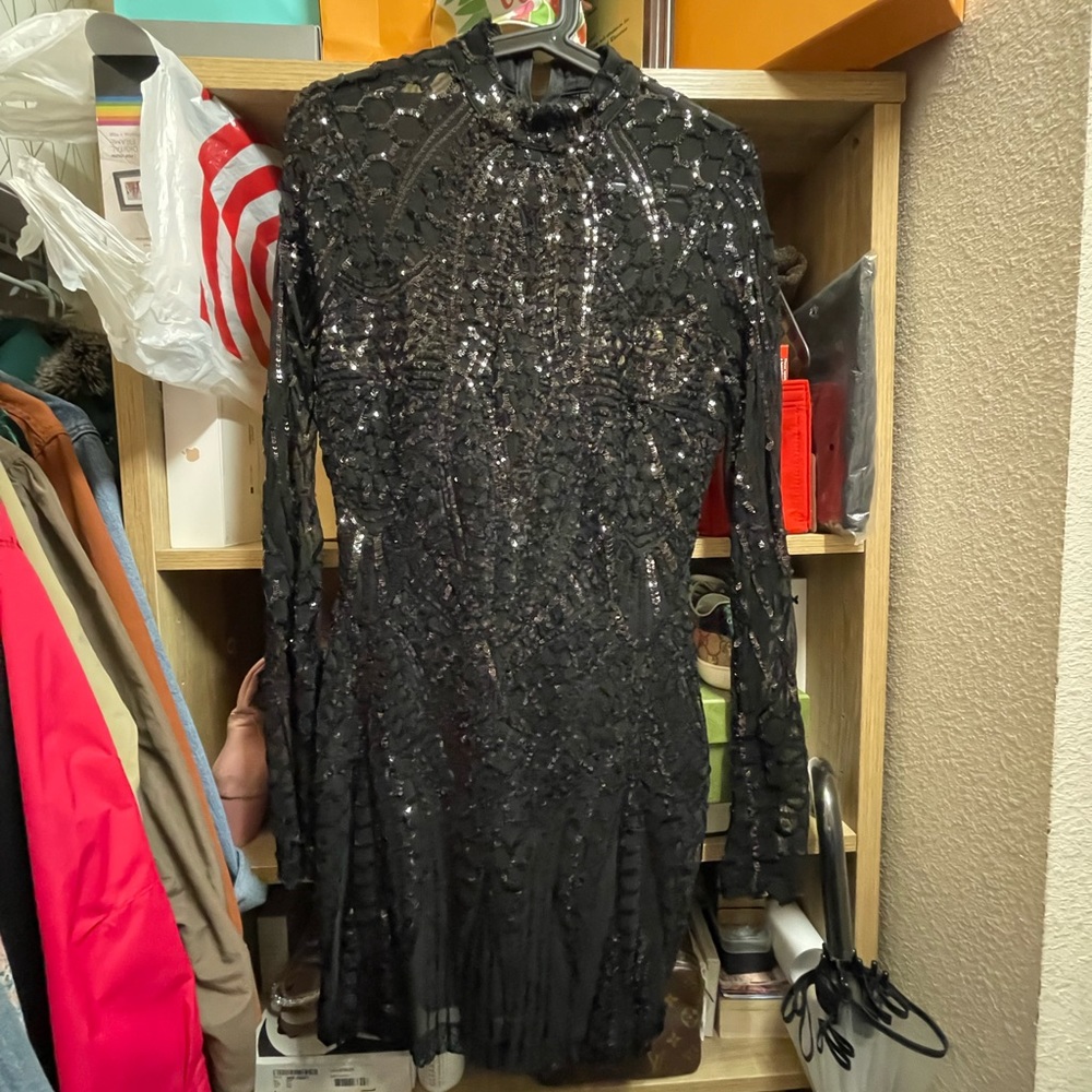 Black lace and sequin cocktail dress